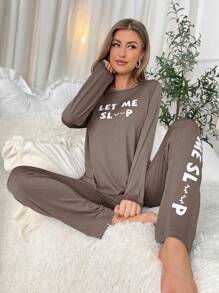 字母&睫毛圖案長袖t卹+長褲睡衣套裝 - 摩卡棕 - 查看 6