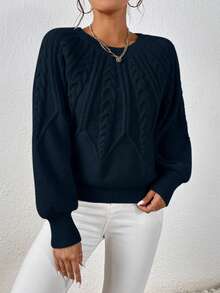 SHEIN LUNE Women'S Raglan Sleeve Pullover Sweater - Navy Blue - View 6