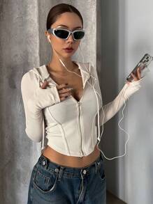 DAZY 女士户外紧身拉链连帽 T 恤、秋季服装、返校服装学院风上衣、长袖女式上衣 - 杏色 - 查看 3