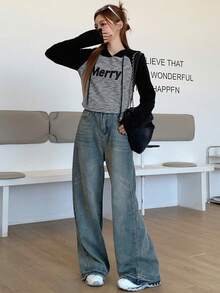 DAZY 女士连帽字母印花T恤，秋季长袖女式上衣图案T恤 - 深灰色 - 查看 6