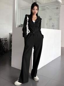 DAZY 女士纯色连帽休闲两件套运动服套装 女士家居服套装 - 黑色 - 查看 1