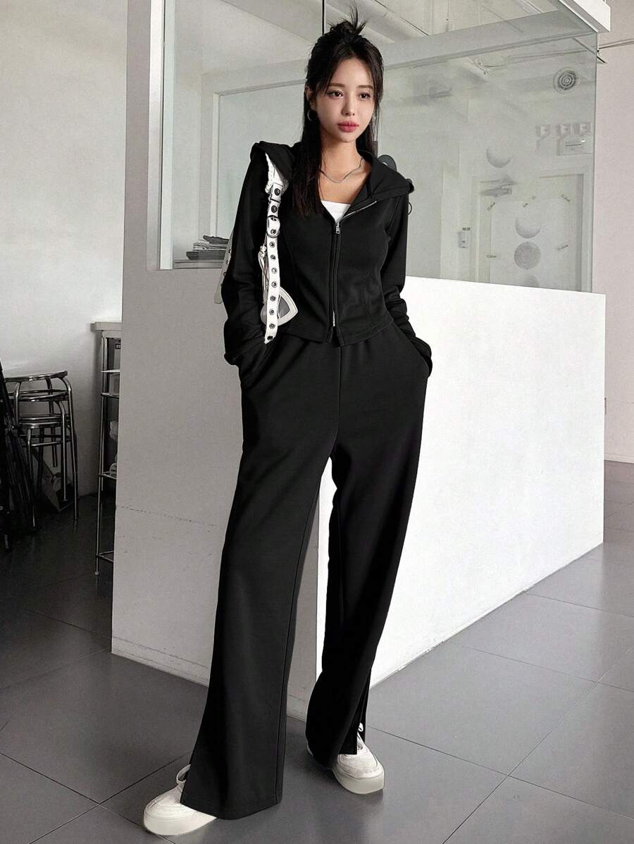 DAZY 女士纯色连帽休闲两件套运动服套装 女士家居服套装 - 黑色 - 查看 1