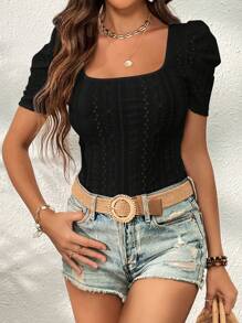 SHEIN Privé 女士純色泡泡袖空心刺繡t恤 - 黑色 - 查看 1