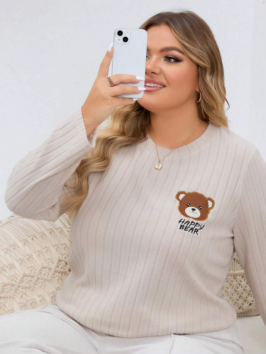 Plus Size Round Neck Long Sleeve Homewear Top With Bear Print