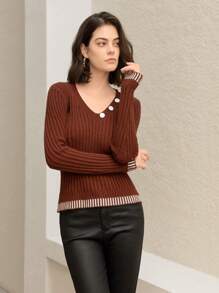 SHEIN Unity V-Neck False Button Long Sleeve Sweater Knit Pullover Fall Winter Outfit - Chocolate Brown - View 1