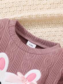 Baby Girl Rabbit Printed Round Neck Casual Set - Dusty Pink - View 5