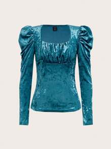 SHEIN Clasi Cổ vuông Nếp gấp Phần Ngực Tay áo Nhung Áo thun - màu xanh lá - Xem 6