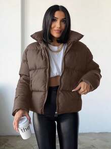EURMUSE Zip Up Drop Shoulder Puffer Coat - Brown - View 1