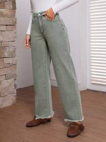 SHEIN LUNE 有磨損邊緣處理的牛仔褲 - 綠色 - 查看 4