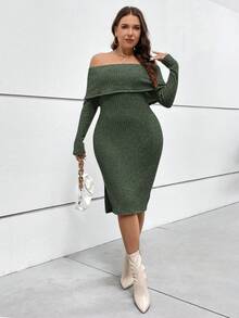 SHEIN Privé 大尺寸純色露肩長袖修身連身裙 - 墨綠色 - 查看 6
