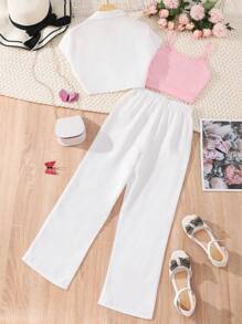 Teen Girls' Batwing Short Sleeve Blouse, Ruffled Cami Tank Top And Long Pants Set - White - View 2
