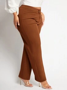 SHEIN SXY Plus Size Women Solid Color Toothpick Stripe Design Casual Straight Leg Pants - Brown - View 5