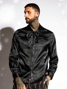 GENTILAND Loose Belted Collar Weave Casual Long Sleeve Shirt For Men - Black - View 3