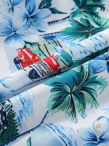 SHEIN 年輕男孩印花短袖襯衫款式，夏威夷風格，柔軟、涼爽、舒適，適用於夏季度假和外出 - 彩色 - 查看 7