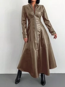 EURMUSE Ladies' Front Zipper Opening, Slit Hem Pu Coat - Camel - View 4