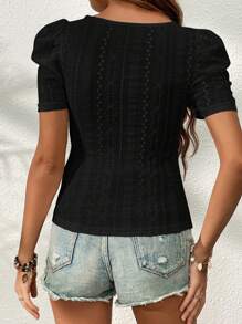 SHEIN Privé 女士純色泡泡袖空心刺繡t恤 - 黑色 - 查看 2