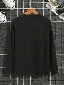 Manfinity Dauomo 男士条纹字母印花T恤，秋季款，长袖上衣 - 黑色 - 查看 2