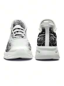 男款哥德風骷髏印花跑步鞋,配有刀鋒底,舒適、透氣、輕便、耐磨、吸震和柔軟底部,非常適合戶外活動 - 黑與白 - 查看 7