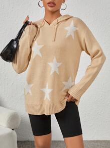 SHEIN EZwear 女式長袖連帽毛衣,設有五角星圖案 - 杏色 - 查看 4