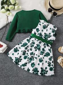 SHEIN Young Girl Floral Belted Dress With Ruffle Hem And Cardigan 2pcs Set,Holiday,Summer,Travel