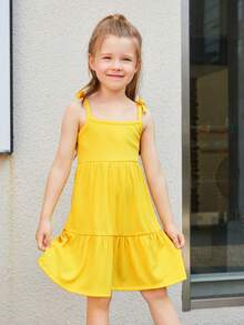 SHEIN Nhỏ bé Cô gái Đan Màu thuần Bowknot Dây đeo Váy dây treo , Hoàn hảo Đối với Kỳ nghỉ - Màu vàng - Xem 6