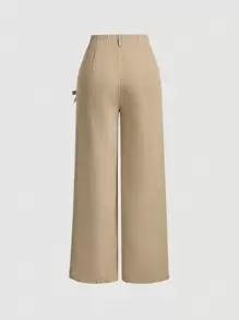 SHEIN MOD Pantalones rectos de unicolor con decoración de mariposa - Caqui - Ver 2