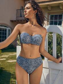 Swim Chiccia 全印花抹胸比基尼套装（带钢圈）夏日海滩 - 綠色 - 查看 3