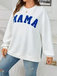 SHEIN Essnce Plus Size Casual Round Neck Sweatshirt With Text Print - Blue and White - View 5