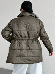RueChic Drawstring Waist Zipper Puffer Coat - Khaki - View 2