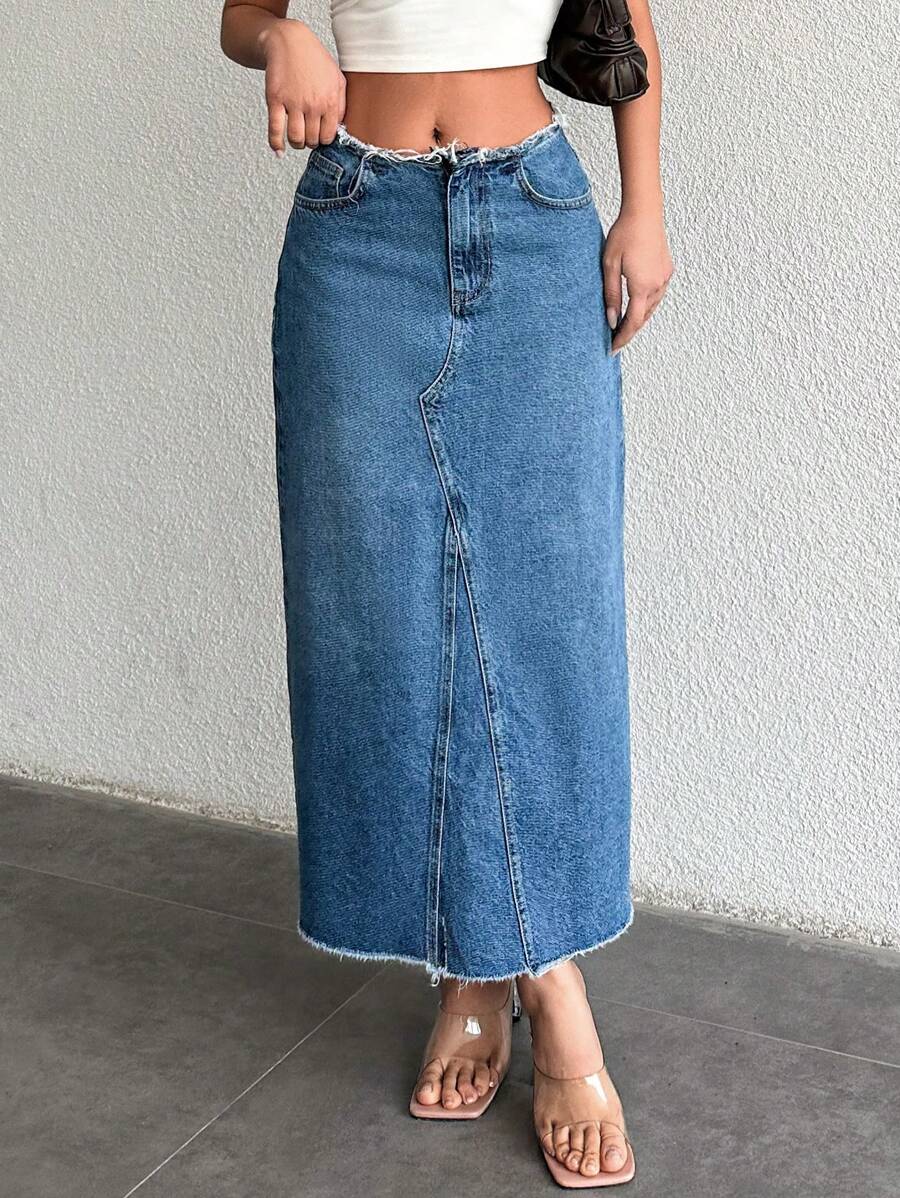 SHEIN Cottnline High Waisted Denim Skirt With Frayed Hem - Blue - View 1