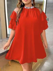 Celure 大尺寸網布、亮片、緞帶拼布連身裙 - 紅色 - 查看 6