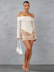 SHEIN BAE Áo thun nữ hở vai họa tiết màu trơn, tay loe, viền bất đối xứng - Màu be - Xem 5