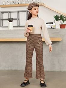 SHEIN 少女羊毛立領純色上衣,搭配方格紗鬆身褲和帽子的優雅服裝 - 杏色 - 查看 3