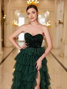 Faeriesty Gorgeous Sequin-Covered Gown With Layered Tulle Skirt & High-Slit Hem | Luxury Evening Dress For Black Tie Galas, Weddings, And Cannes Parties - Dark Green - View 8