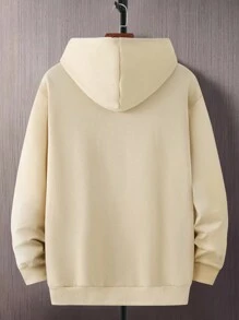 Extended Sizes Men's Plus Size Deer Printed Fleece Hoodie With Drawstring - Khaki - View 2