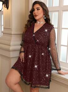 SHEIN Clasi Plus Size Mesh Splicing V-neck Dress - Burgundy - View 6