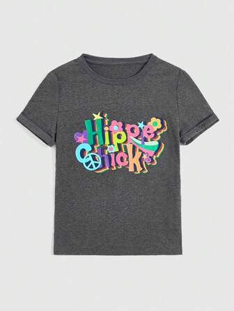 Hippie T-shirt décontracté ample à col rond et manches courtes avec impression colorée de slogan pour femmes