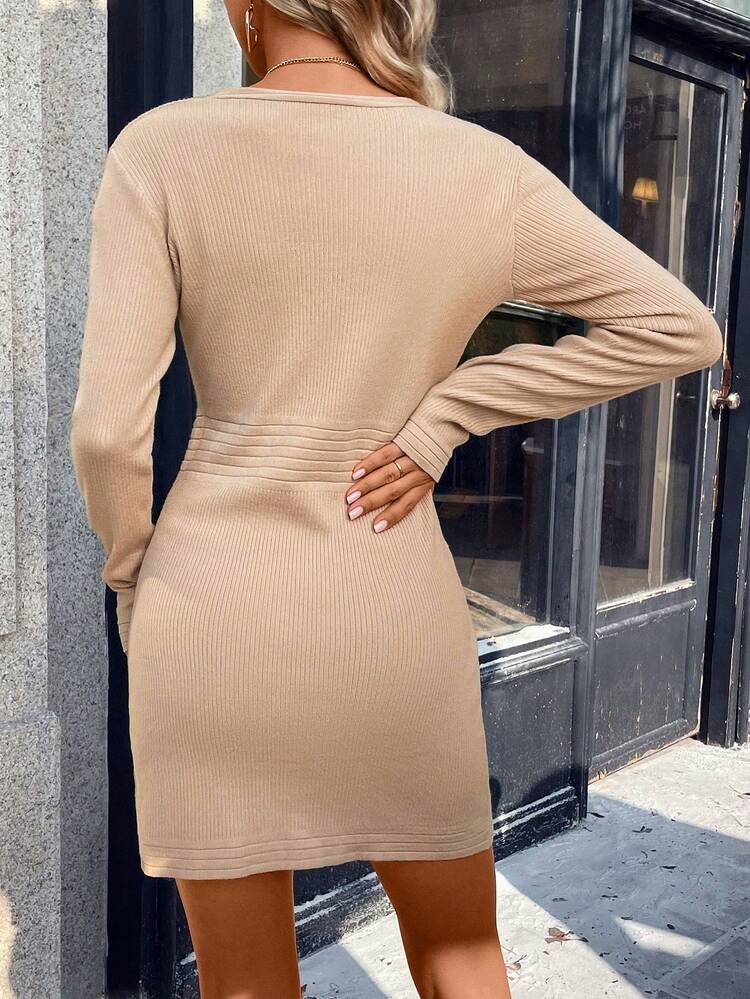 Solid Color Zipper V-neck Sweater Dress