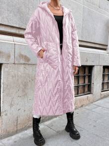 EURMUSE Dual Pocket Drop Shoulder Hooded Quilted Coat - Pink - View 5