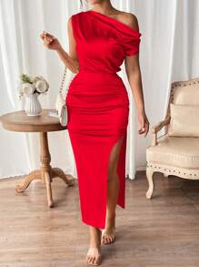 SHEIN Privé 女款非對稱領口側開衩連衣裙 - 紅色 - 查看 5