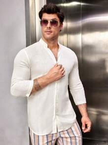 GENTILAND Camisa holgada de hombre de un solo pecho de 3/4 de manga - Blanco - Ver 1