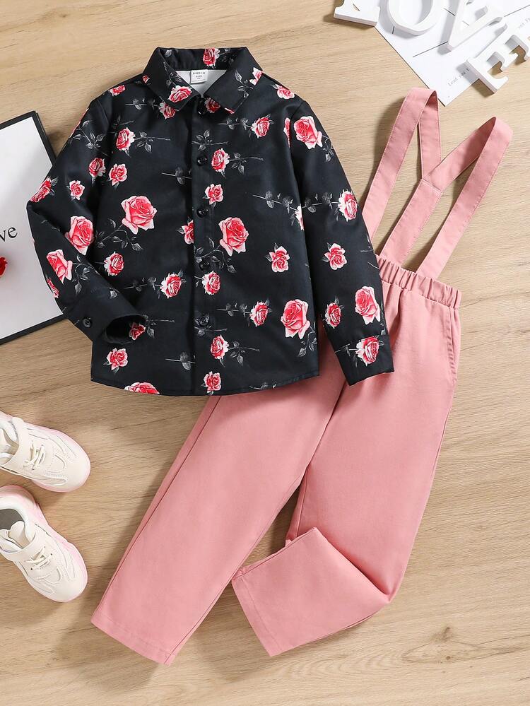 Toddler Boys' Coordinated Floral Print Shirt And Overalls Set For Casual Wear