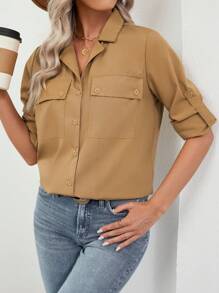 SHEIN LUNE Ladies' Solid Color Roll Up Sleeve Button Down Collar Shirt - Brown - View 3