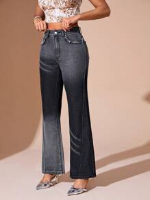 SHEIN BAE 女式低彈喇叭牛仔褲 - 深灰色 - 查看 4