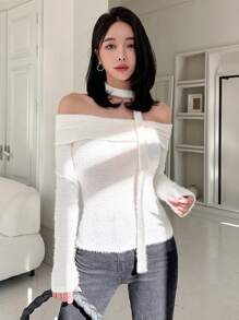 DAZY 女士露肩长袖T恤外出上衣 - 白色 - 查看 6