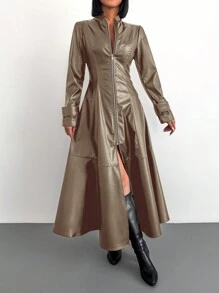 EURMUSE Ladies' Front Zipper Opening, Slit Hem Pu Coat - Camel - View 3