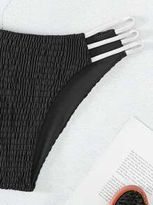 SHEIN Swim Summer Beach Women's Texture Fabric Hollow Out Two-Piece Bikini Set - Black and White - View 4