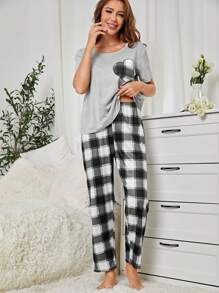 Conjunto De Pijama A Cuadros Con Corazones Para Mujeres