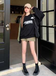 DAZY Sudadera Con Impresión De Eslogan Y Costura Lateral De Contraste - Negro - Ver 6