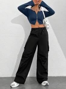 SHEIN EZwear Quý cô Khóa kéo-Mặt trước Tay áo dài Áo Và Quần Bộ - màu đen - Xem 4